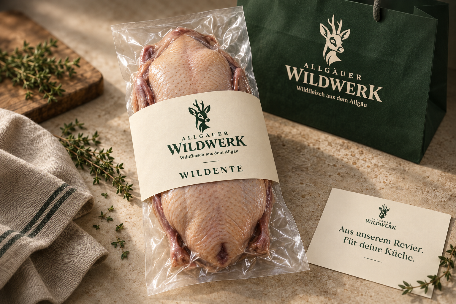 Verpackungsentwurf: ganze vakuumierte Wildente mit Allgäuer-Wildwerk-Etikett